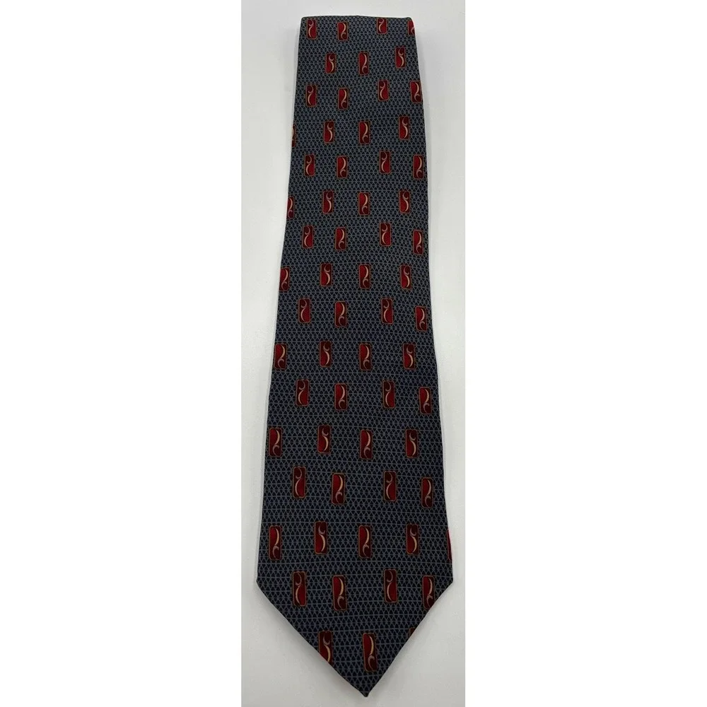 Bill Blass Black Label 100% Silk Tie Gray Geometric Burgundy Men's Tie